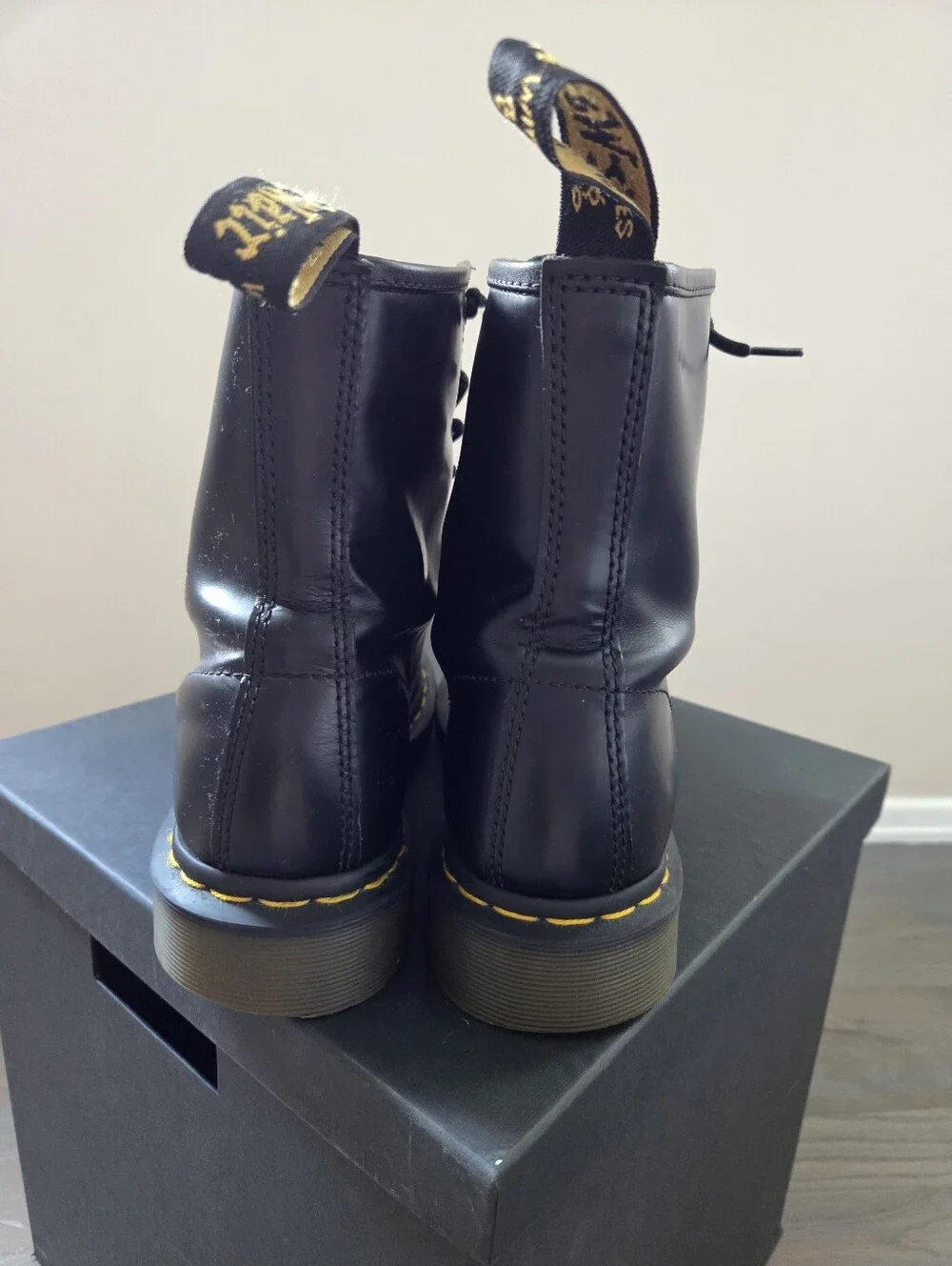 Dr. Martens Black Leather Lace-Up Combat Boots with Yellow Stitching - Picture 5 of 13